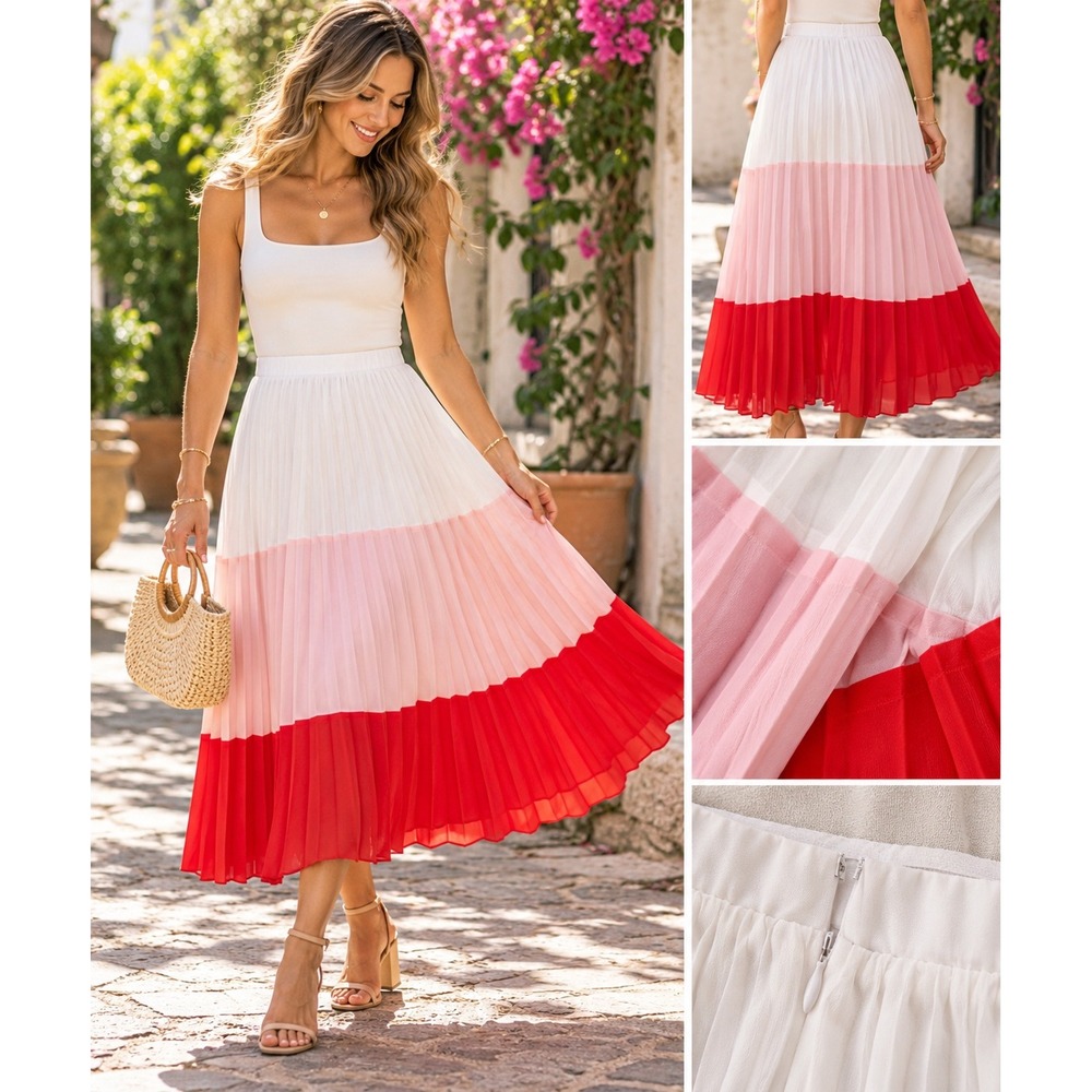 Lulus Colorblock Pleated Midi Skirt Pink Red White Size Small - Picture 1 of 7